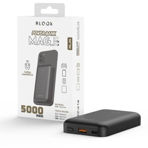 Power Bank BLOOX PB_M1 5.000mAh Carga Magnética Entrada: Tipo C / Salida: USB+Tipo C+Magnético Negro